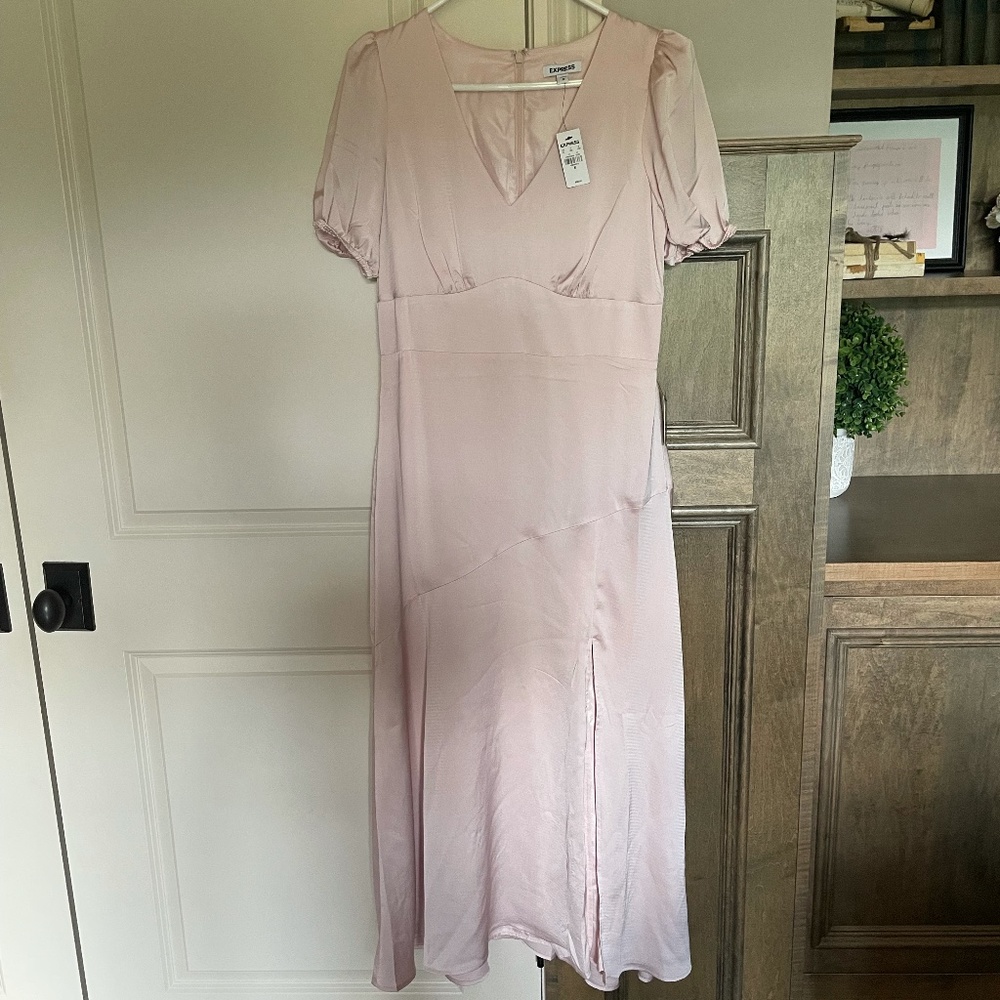 Satin Puff Sleeve V-Neck Maxi Dress